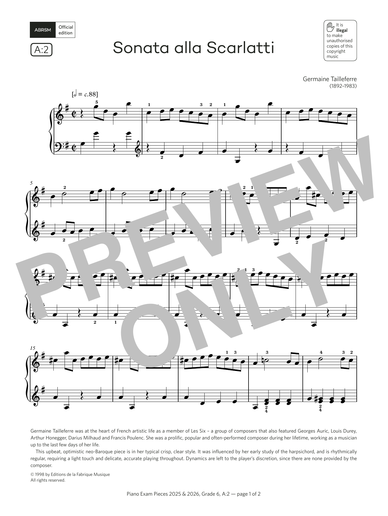 Germaine Tailleferre Sonata alla Scarlatti (Grade 6, list A2, from the ABRSM Piano Syllabus 2025 & 2026) sheet music notes and chords. Download Printable PDF.