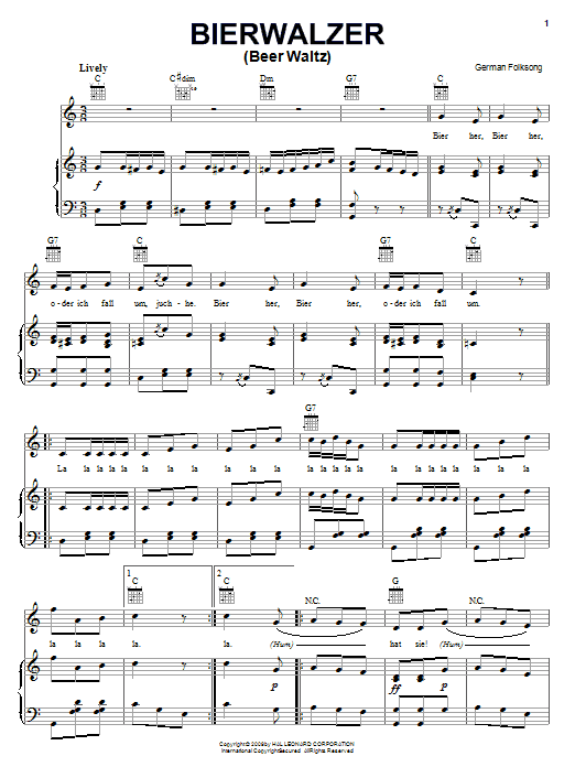 German Folk Song Bierwalzer sheet music notes and chords arranged for Piano, Vocal & Guitar Chords (Right-Hand Melody)