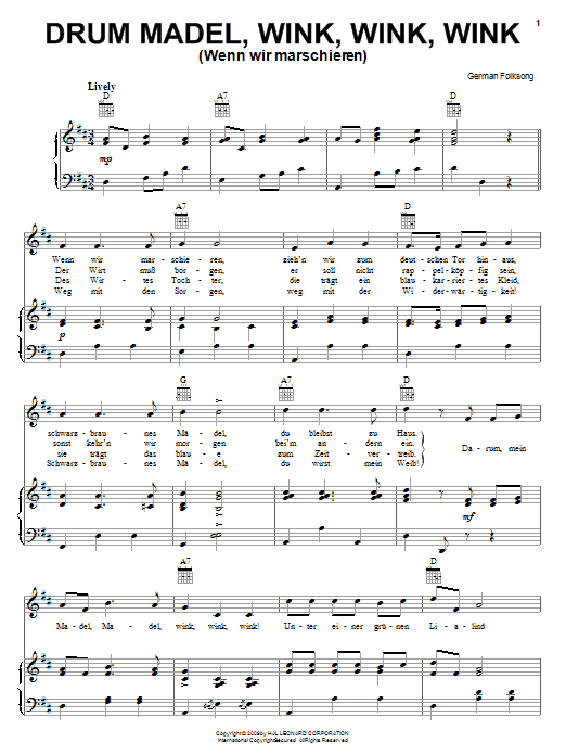 German Folk Song Drum Madel Wink, Wink, Wink sheet music notes and chords arranged for Piano, Vocal & Guitar Chords (Right-Hand Melody)