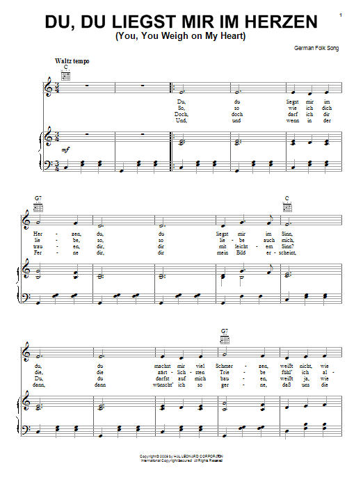 German Folk Song Du, Du Liegst Mir Im Herzen (You, You Weigh On My Heart) sheet music notes and chords. Download Printable PDF.