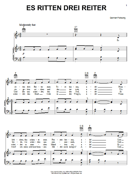 German Folk Song Es Ritten Drei Reiter (Three Knights Rode Forth) sheet music notes and chords arranged for Piano, Vocal & Guitar Chords (Right-Hand Melody)