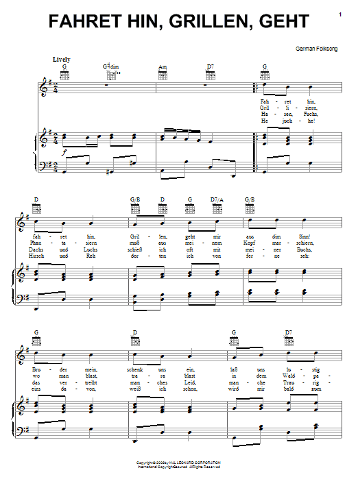 German Folk Song Fahret Hin, Grillen, Geht sheet music notes and chords arranged for Piano, Vocal & Guitar Chords (Right-Hand Melody)