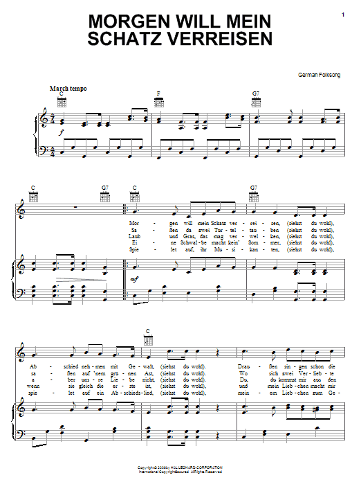 German Folk Song Morgen Will Mein Schatz Verreisen sheet music notes and chords arranged for Piano, Vocal & Guitar Chords (Right-Hand Melody)