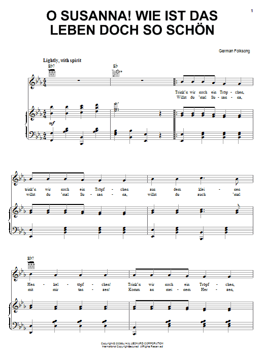 German Folk Song O Susanna! Wie Ist Das Leben So Schon sheet music notes and chords arranged for Piano, Vocal & Guitar Chords (Right-Hand Melody)