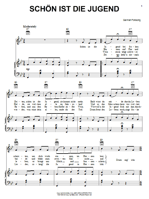 German Folk Song Schon Ist Die Jugend (Youth, It Is Beautiful) sheet music notes and chords arranged for Piano, Vocal & Guitar Chords (Right-Hand Melody)