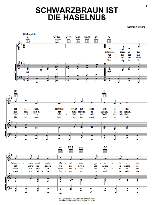 German Folk Song Schwarzbraun Ist Die Haselnuss sheet music notes and chords arranged for Piano, Vocal & Guitar Chords (Right-Hand Melody)