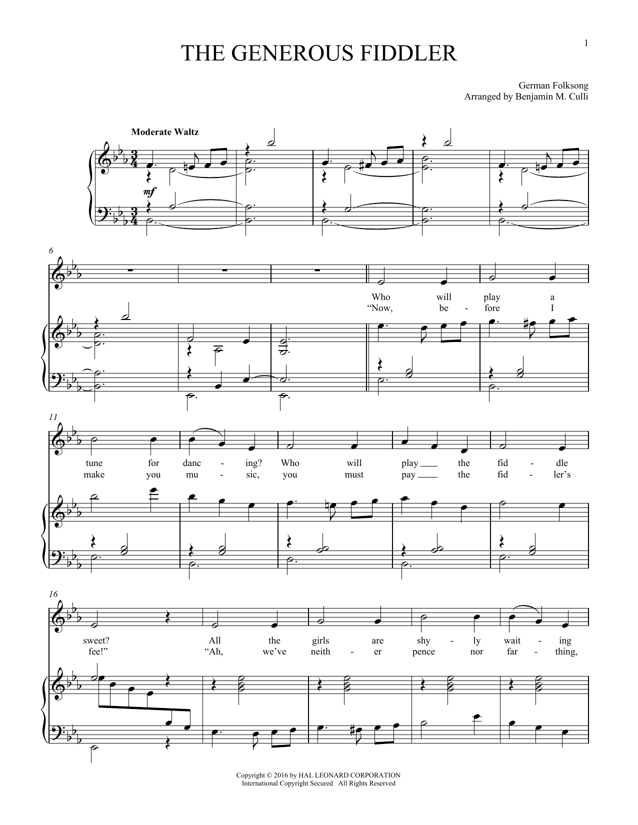 German Folk Song The Generous Fiddler sheet music notes and chords arranged for Piano & Vocal