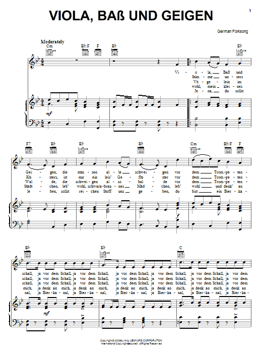 German Folk Song Viola, Bass Und Geigen sheet music notes and chords arranged for Piano, Vocal & Guitar Chords (Right-Hand Melody)