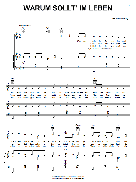 German Folk Song Warum Sollt' Im Leben sheet music notes and chords arranged for Piano, Vocal & Guitar Chords (Right-Hand Melody)