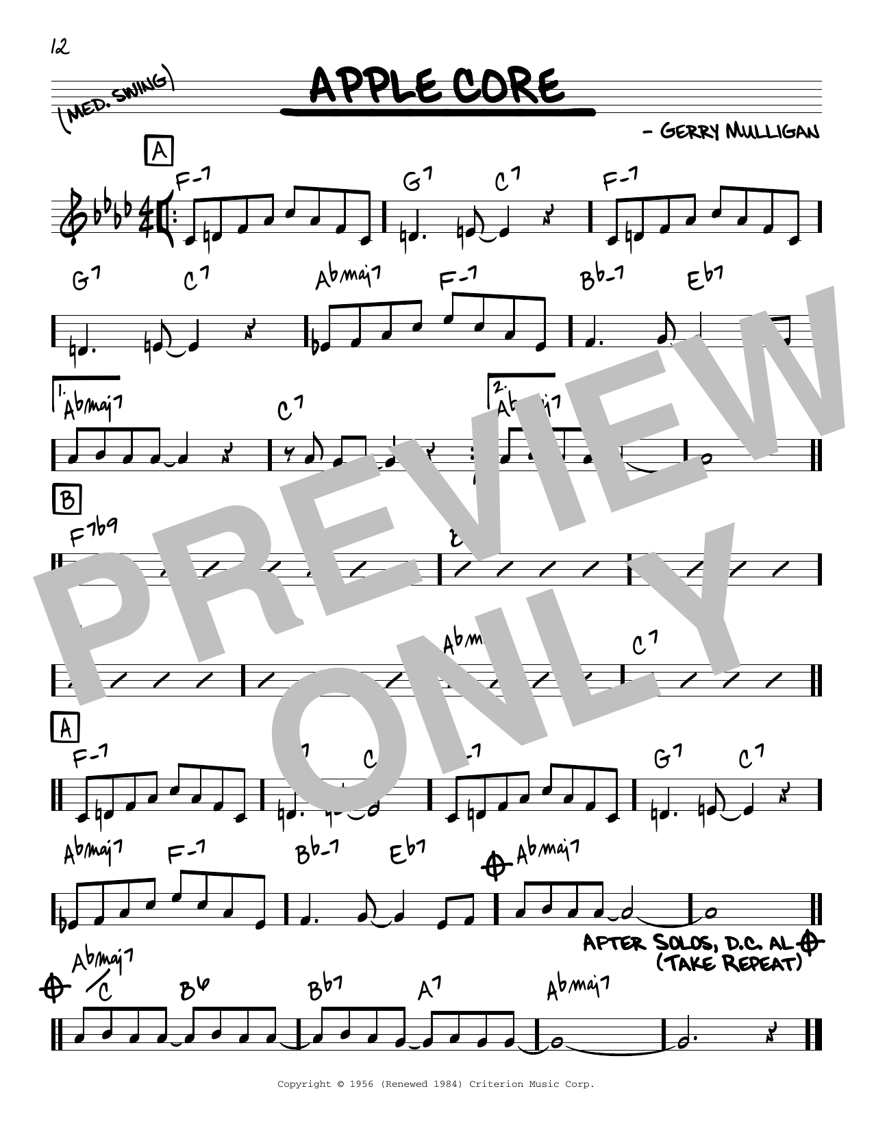 Gerry Mulligan Apple Core sheet music notes and chords. Download Printable PDF.