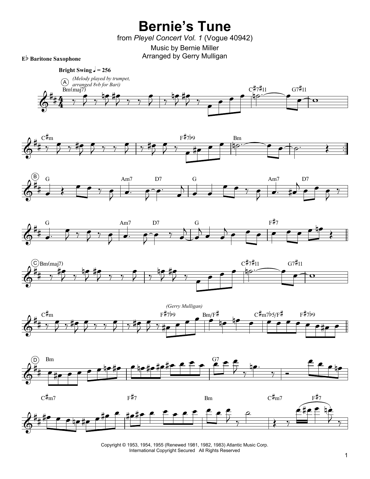 Gerry Mulligan Bernie's Tune sheet music notes and chords. Download Printable PDF.