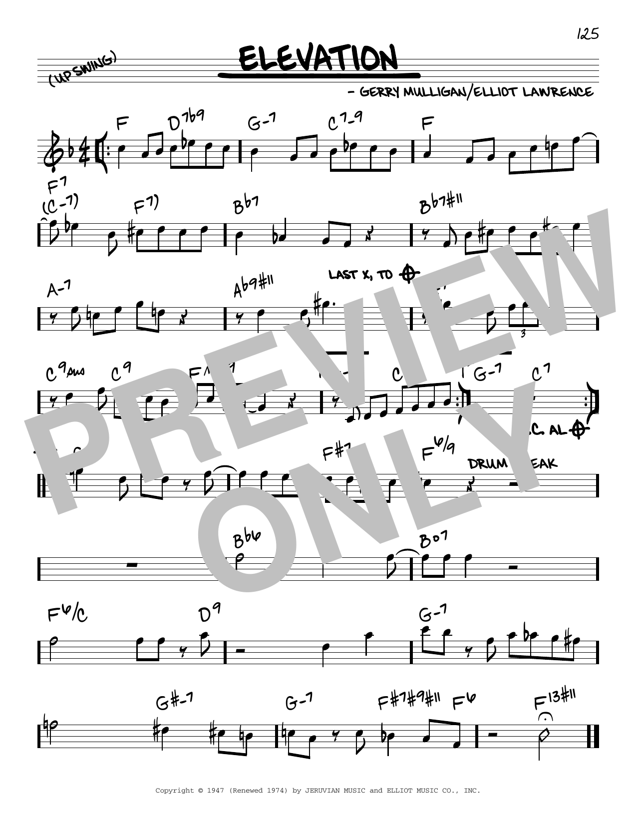 Learn to play Gerry Mulligan Elevation sheet music for Real Book – Melody & Chords in minutes. Price: 5.9900$ Gerry Mulligan Elevation sheet music notes and chords arranged for Real Book – Melody & Chords