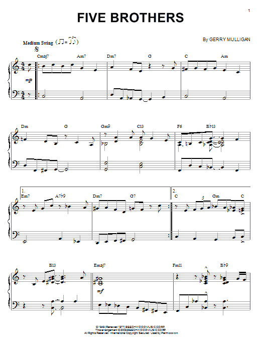 Learn to play Gerry Mulligan Five Brothers sheet music for Real Book – Melody & Chords – C Instruments in minutes. Price: 5.9900$ Gerry Mulligan Five Brothers sheet music notes and chords arranged for Real Book – Melody & Chords – C Instruments