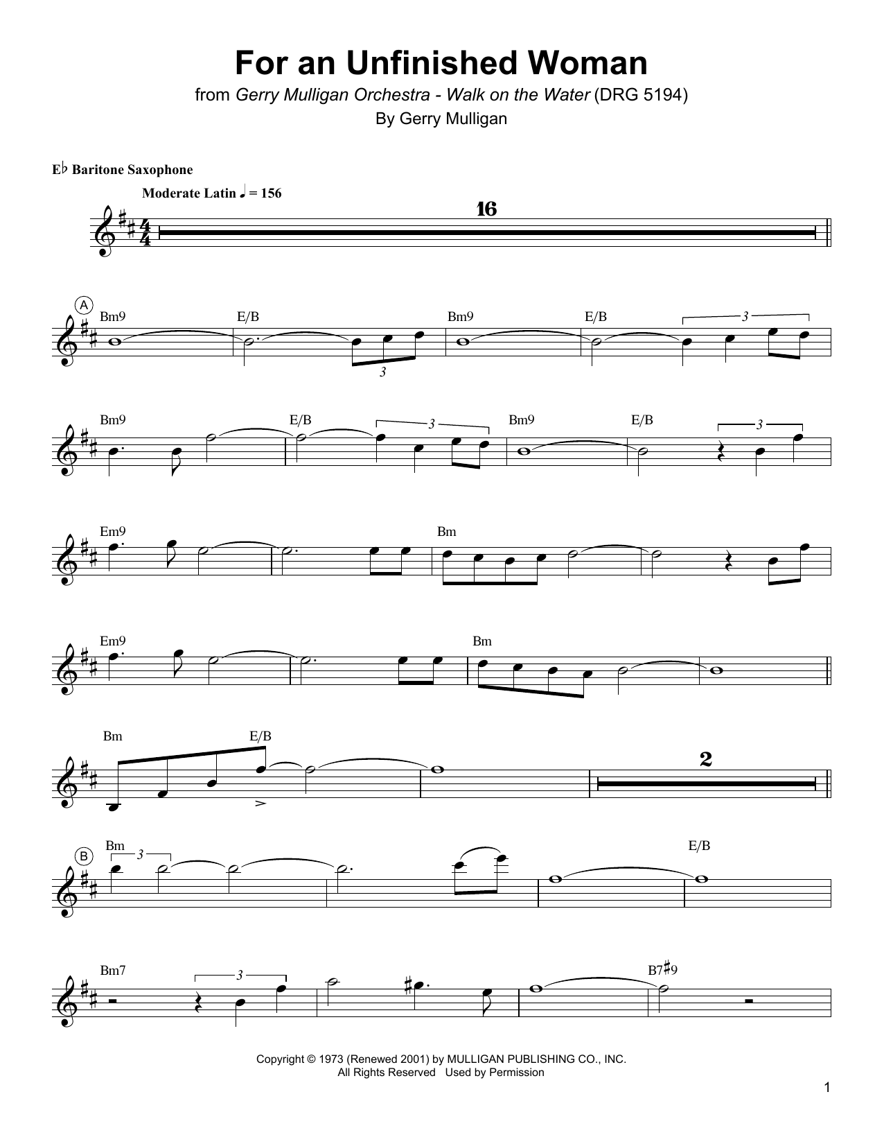 Gerry Mulligan For An Unfinished Woman sheet music notes and chords. Download Printable PDF.