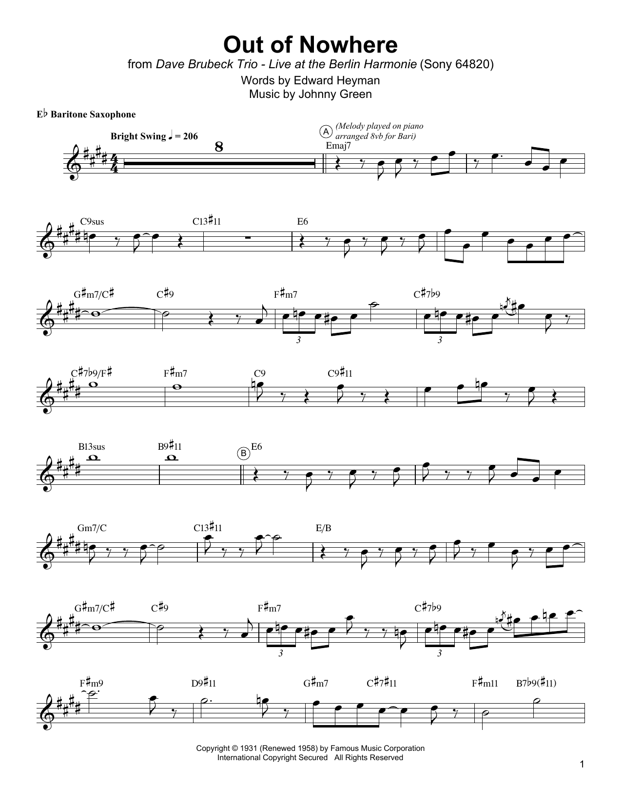 Gerry Mulligan Out Of Nowhere sheet music notes and chords. Download Printable PDF.