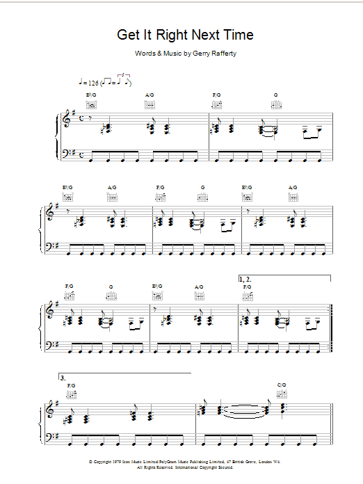 Gerry Rafferty Get It Right Next Time sheet music notes and chords arranged for Piano, Vocal & Guitar Chords