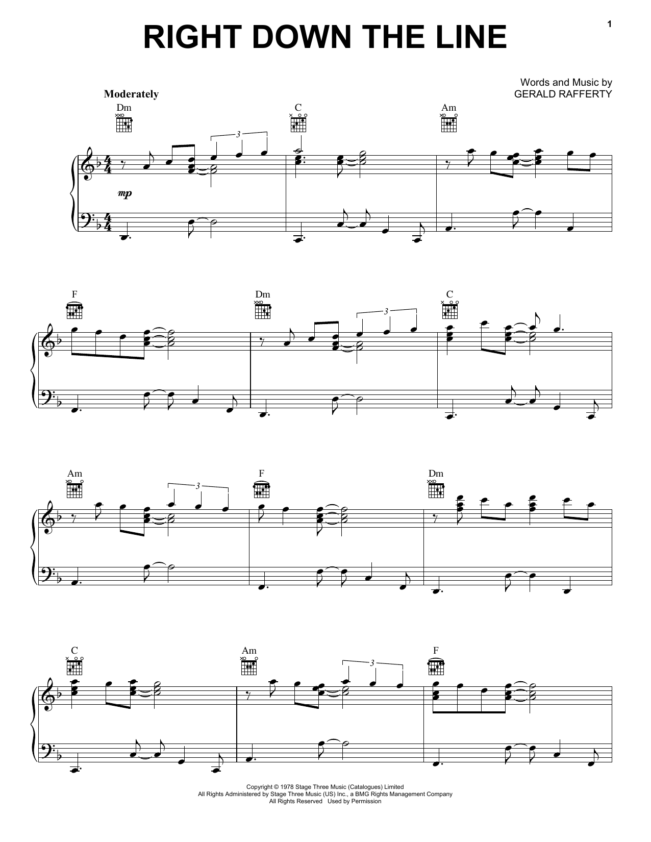 Gerry Rafferty Right Down The Line sheet music notes and chords. Download Printable PDF.