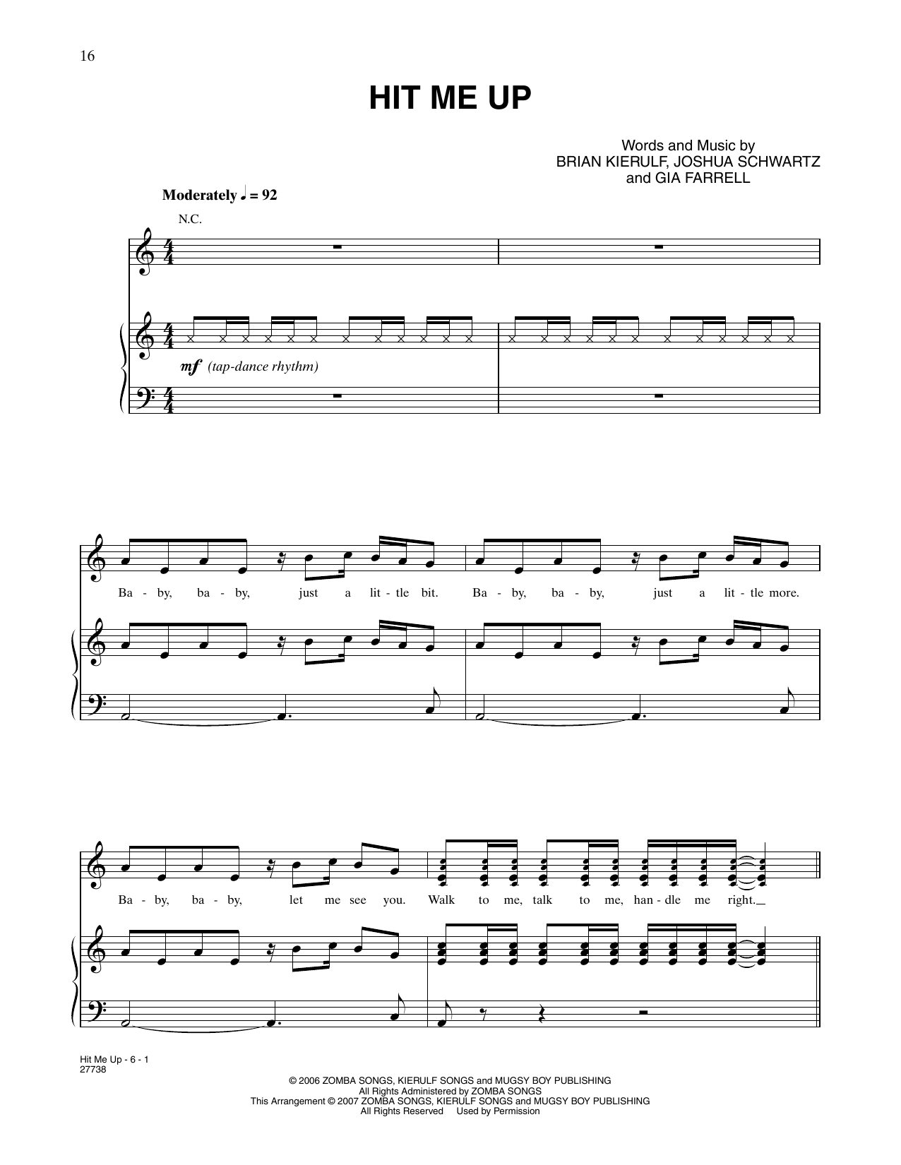 Learn to play Gia Farrell Hit Me Up (from Happy Feet) sheet music for Piano, Vocal & Guitar Chords (Right-Hand Melody) in minutes. Price: 7.8900$ Gia Farrell Hit Me Up (from Happy Feet) sheet music notes and chords arranged for Piano, Vocal & Guitar Chords (Right-Hand Melody)