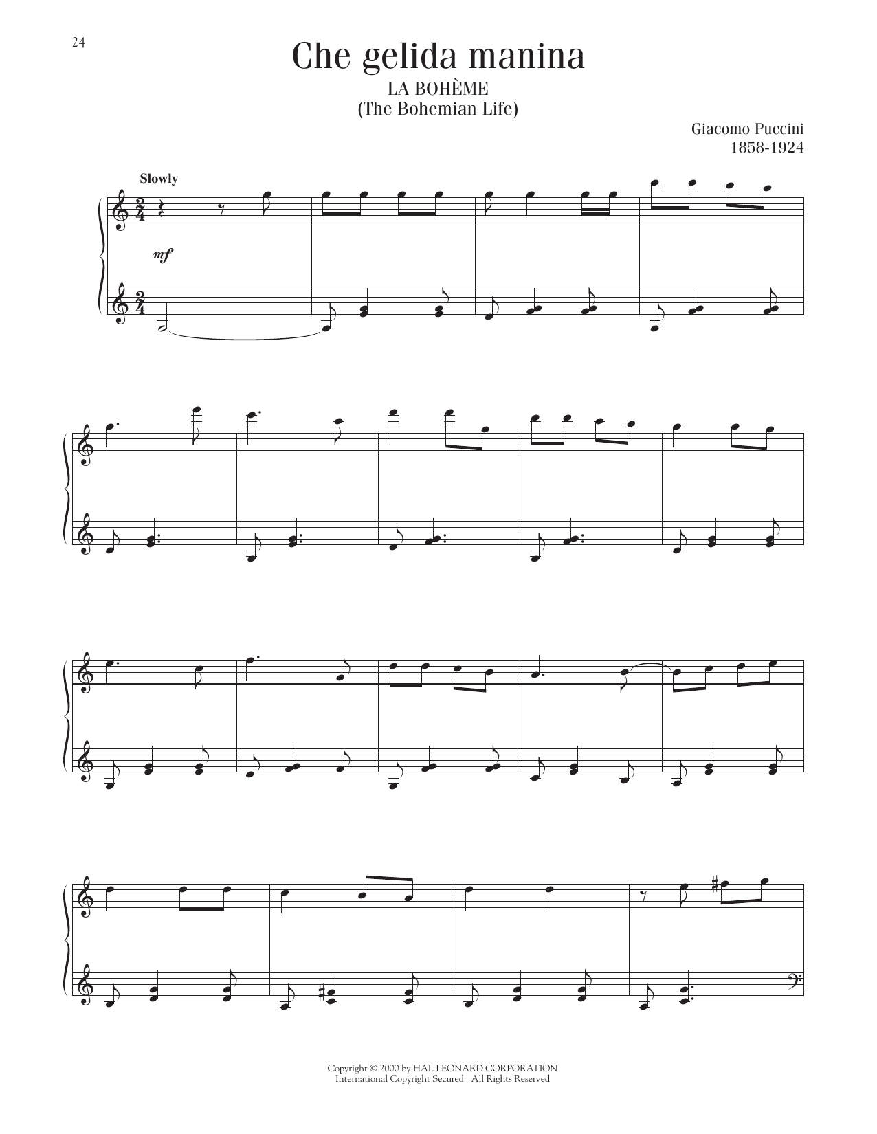 Giacomo Puccini Che Gelida Manina sheet music notes and chords arranged for Piano Solo