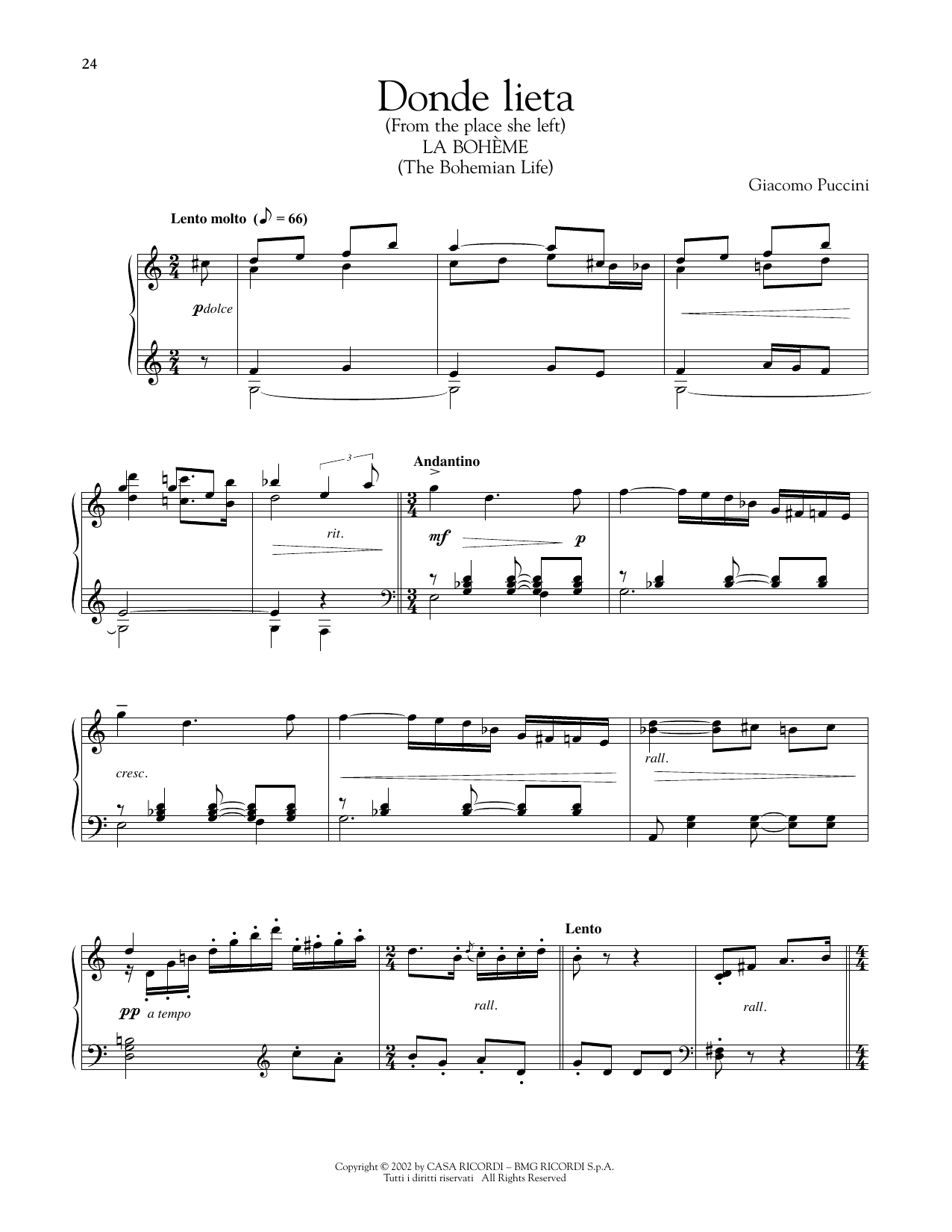 Giacomo Puccini Donde Lieta sheet music notes and chords arranged for Piano Solo