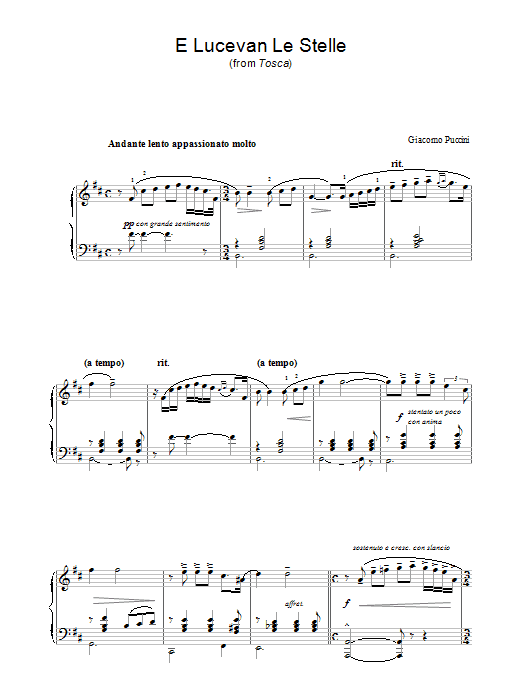 Giacomo Puccini E Lucevan Le Stelle (from Tosca) sheet music notes and chords arranged for Piano Solo