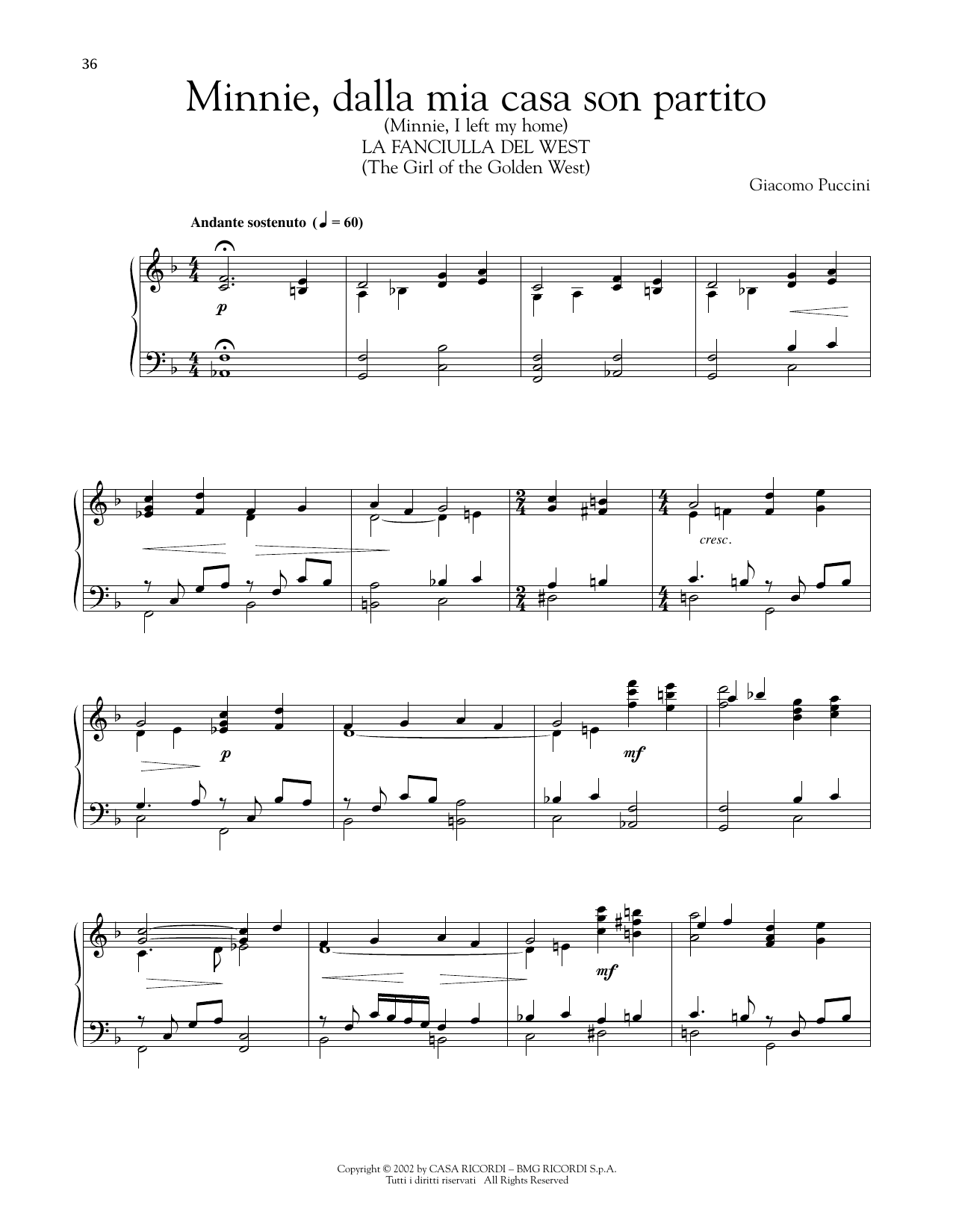 Giacomo Puccini Minnie, Dalla Mia Casa Son Partito sheet music notes and chords arranged for Piano Solo