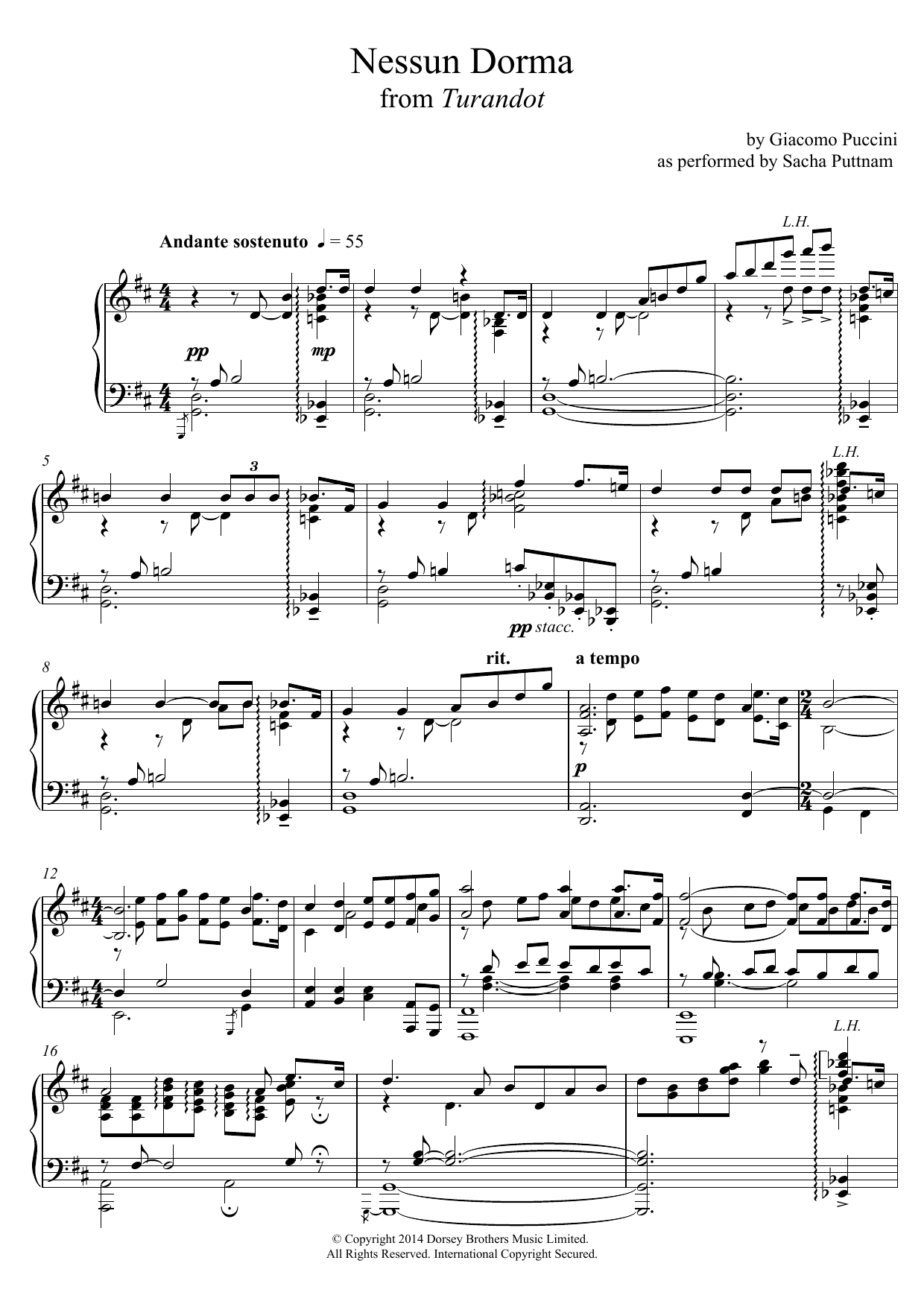 Giacomo Puccini Nessun Dorma (from Turandot) (as performed by Sacha Puttnam) sheet music notes and chords. Download Printable PDF.