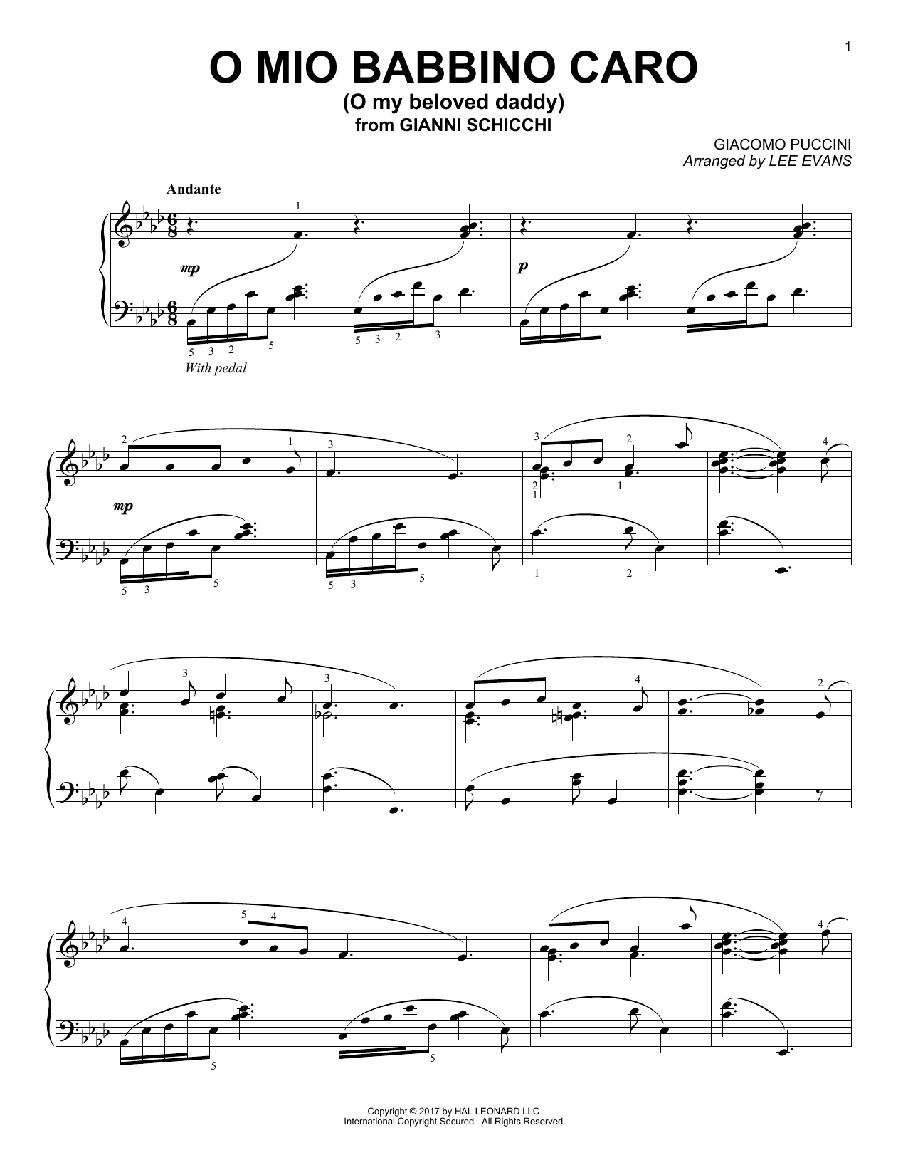 Lee Evans O Mio Babbino Caro sheet music notes and chords arranged for Piano Solo