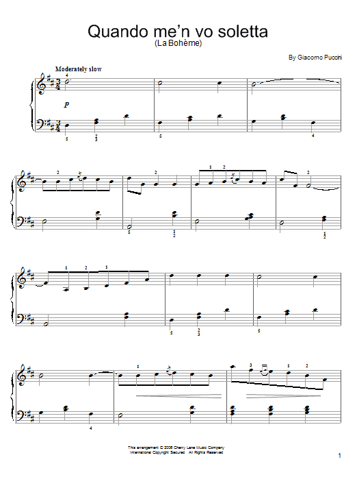 Learn to play Giacomo Puccini Quando M'en Vo Soletta sheet music for Easy Piano in minutes. Price: 6.9900$ Giacomo Puccini Quando M'en Vo Soletta sheet music notes and chords arranged for Easy Piano