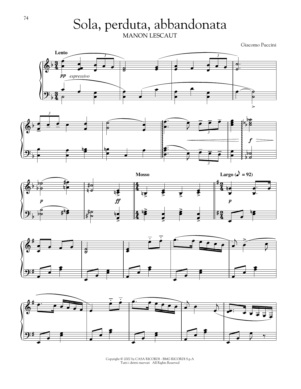 Giacomo Puccini Sola, Perduta, Abbandonata sheet music notes and chords. Download Printable PDF.