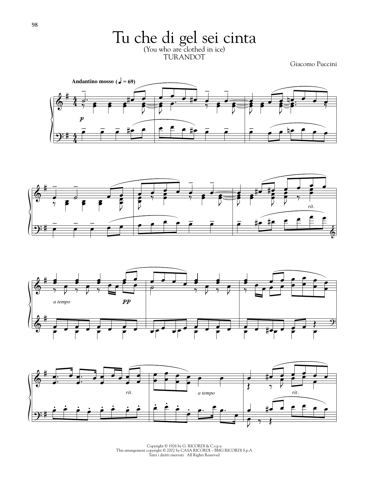 Giacomo Puccini Tu Che Di Gel Sei Cinta sheet music notes and chords arranged for Piano Solo