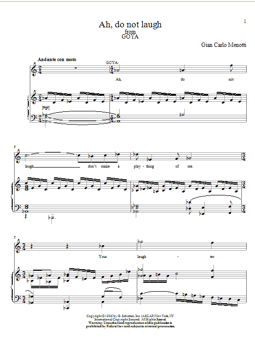 Learn to play Gian Carlo Menotti Ah, Do Not Laugh sheet music for Piano & Vocal in minutes. Price: 7.8900$ Gian Carlo Menotti Ah, Do Not Laugh sheet music notes and chords arranged for Piano & Vocal
