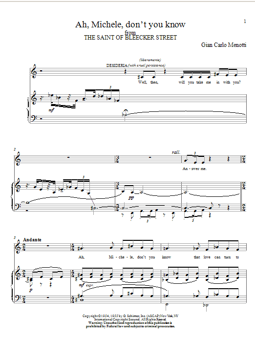Learn to play Gian Carlo Menotti Ah, Michele, Don't You Know sheet music for Piano & Vocal in minutes. Price: 7.8900$ Gian Carlo Menotti Ah, Michele, Don't You Know sheet music notes and chords arranged for Piano & Vocal