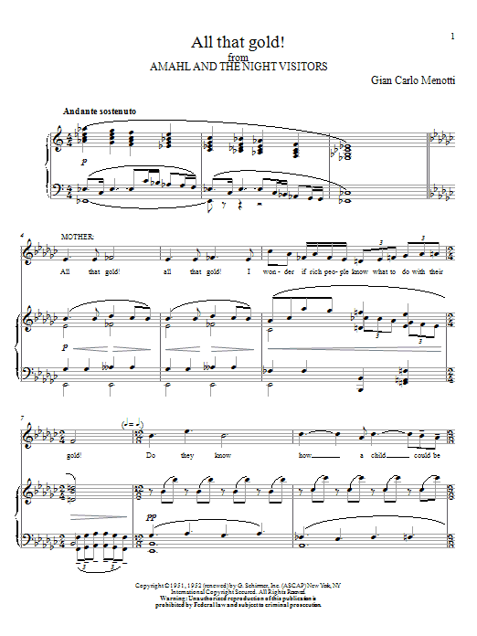Learn to play Gian Carlo Menotti All That Gold! sheet music for Piano & Vocal in minutes. Price: 7.8900$ Gian Carlo Menotti All That Gold! sheet music notes and chords arranged for Piano & Vocal