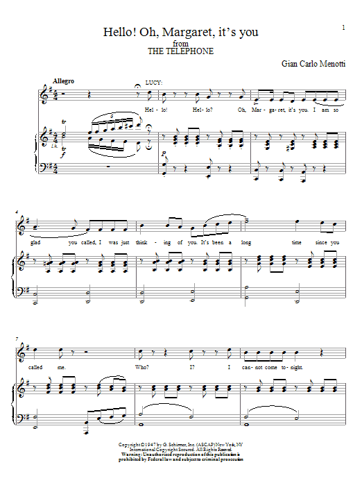 Learn to play Gian Carlo Menotti Hello! Oh, Margaret, It's You sheet music for Piano & Vocal in minutes. Price: 7.8900$ Gian Carlo Menotti Hello! Oh, Margaret, It's You sheet music notes and chords arranged for Piano & Vocal