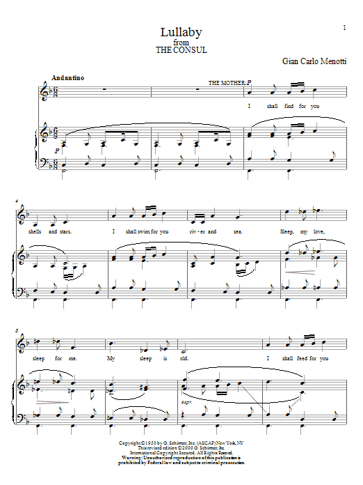 Gian Carlo Menotti Lullaby sheet music notes and chords. Download Printable PDF.