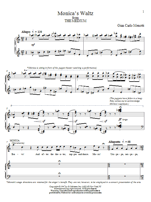 Learn to play Gian Carlo Menotti Monica's Waltz sheet music for Piano & Vocal in minutes. Price: 7.8900$ Gian Carlo Menotti Monica's Waltz sheet music notes and chords arranged for Piano & Vocal