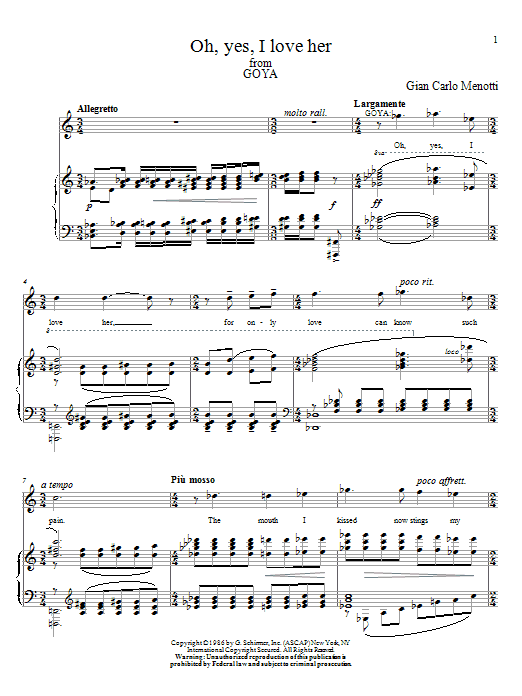 Learn to play Gian Carlo Menotti Oh, Yes, I Love Her sheet music for Piano & Vocal in minutes. Price: 7.8900$ Gian Carlo Menotti Oh, Yes, I Love Her sheet music notes and chords arranged for Piano & Vocal