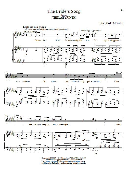 Learn to play Gian Carlo Menotti The Bride's Song sheet music for Piano & Vocal in minutes. Price: 7.8900$ Gian Carlo Menotti The Bride's Song sheet music notes and chords arranged for Piano & Vocal