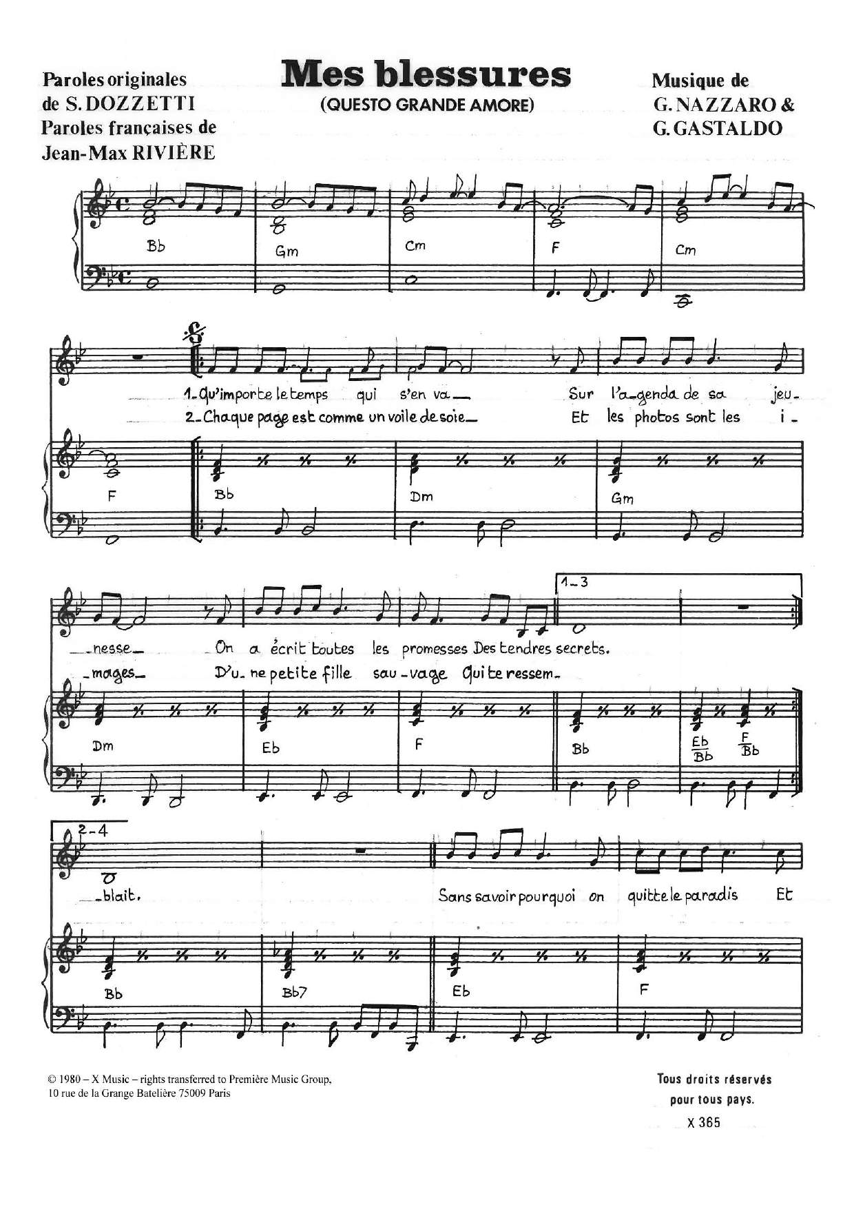 Learn to play Gianni Nazzaro Mes Blessures (Questo Grande Amore) sheet music for Piano & Vocal in minutes. Price: 7.8900$ Gianni Nazzaro Mes Blessures (Questo Grande Amore) sheet music notes and chords arranged for Piano & Vocal