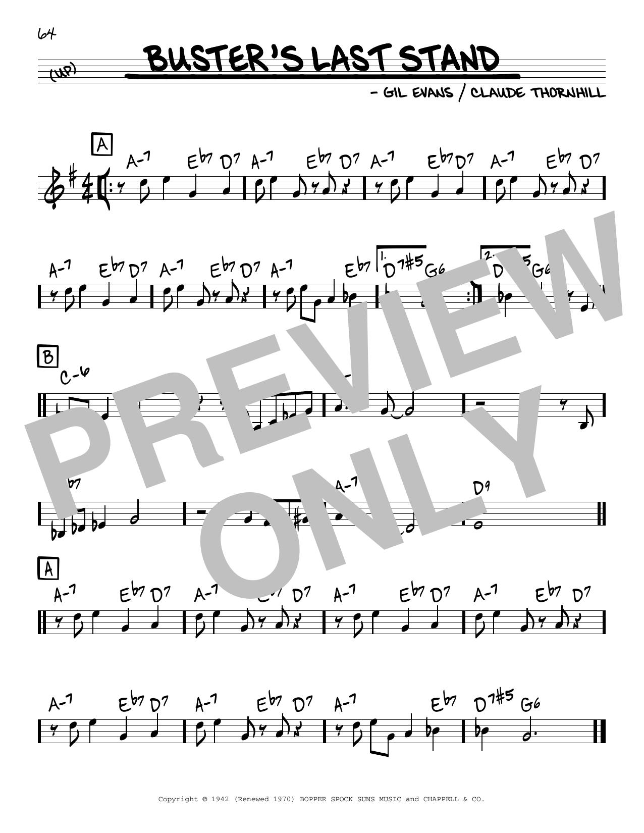 Learn to play Gil Evans Buster's Last Stand sheet music for Real Book – Melody & Chords in minutes. Price: 5.9900$ Gil Evans Buster's Last Stand sheet music notes and chords arranged for Real Book – Melody & Chords