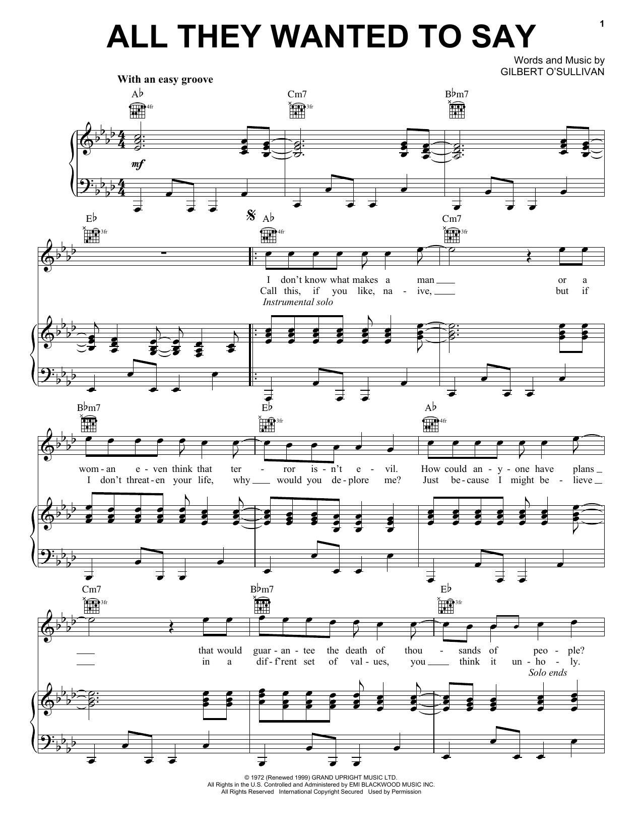 Learn to play Gilbert O'Sullivan All They Wanted To Say sheet music for Piano, Vocal & Guitar Chords (Right-Hand Melody) in minutes. Price: 7.8900$ Gilbert O'Sullivan All They Wanted To Say sheet music notes and chords arranged for Piano, Vocal & Guitar Chords (Right-Hand Melody)