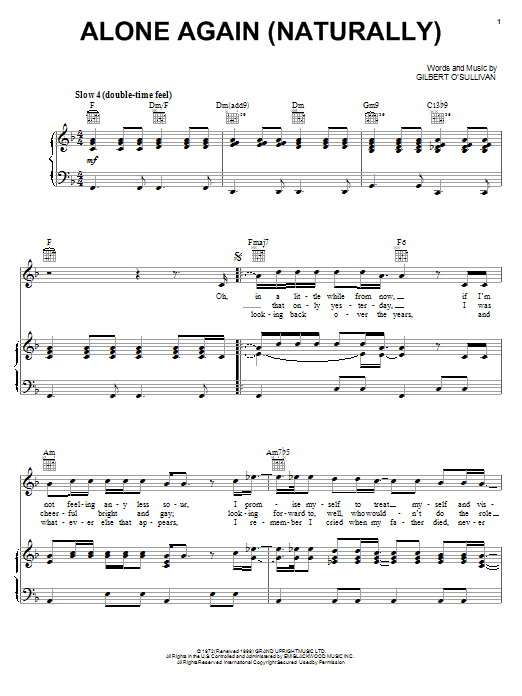 Gilbert O'Sullivan Alone Again (Naturally) sheet music notes and chords. Download Printable PDF.