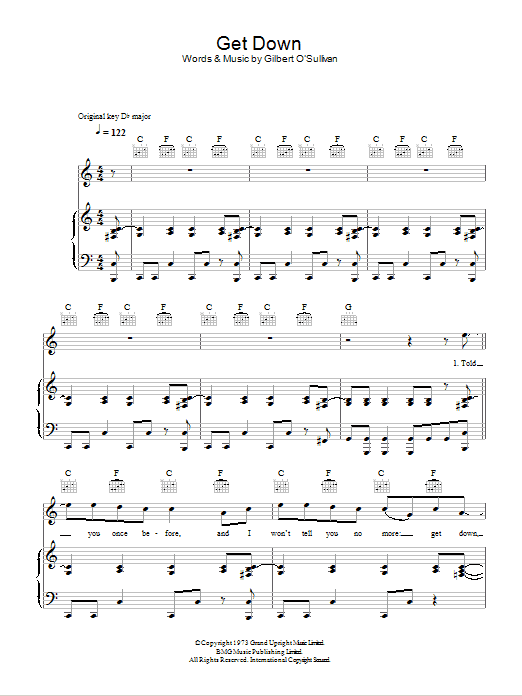 Learn to play Gilbert O'Sullivan Get Down sheet music for Piano, Vocal & Guitar Chords in minutes. Price: 7.8900$ Gilbert O'Sullivan Get Down sheet music notes and chords arranged for Piano, Vocal & Guitar Chords
