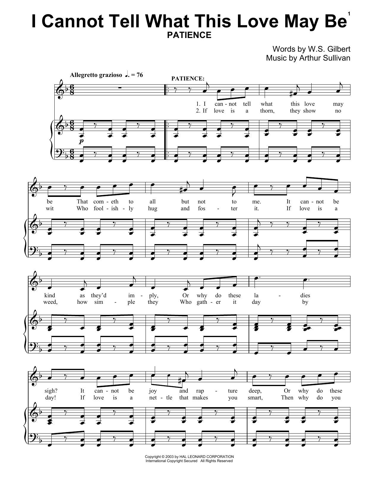 Gilbert & Sullivan I Can Not Tell What This Love May Be sheet music notes and chords. Download Printable PDF.