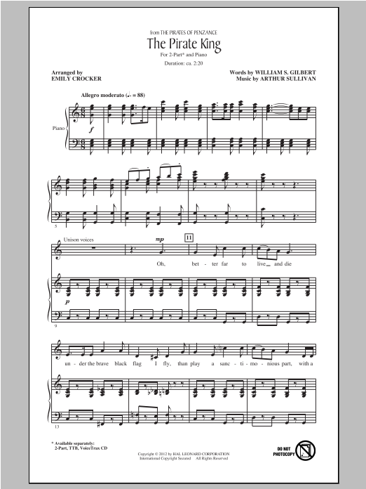 Learn to play Gilbert & Sullivan The Pirate King (arr. Emily Crocker) sheet music for 2-Part Choir in minutes. Price: 3.9900$ Gilbert & Sullivan The Pirate King (arr. Emily Crocker) sheet music notes and chords arranged for 2-Part Choir