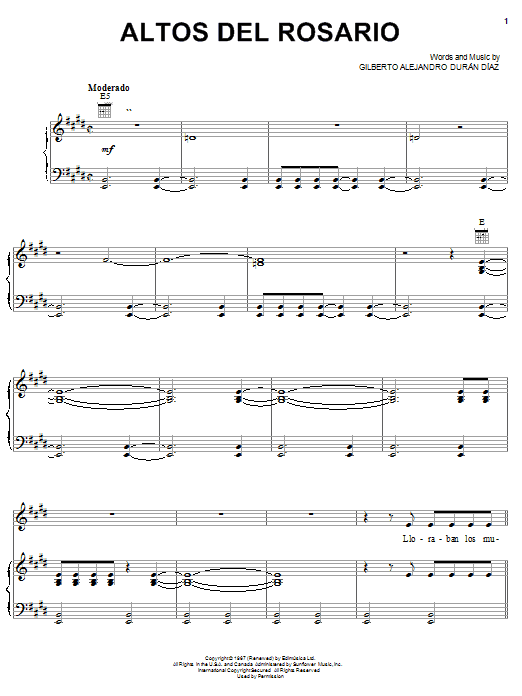 Learn to play Gilberto Alejandro Durán Díaz Altos Del Rosario sheet music for Piano, Vocal & Guitar Chords (Right-Hand Melody) in minutes. Price: 7.8900$ Gilberto Alejandro Durán Díaz Altos Del Rosario sheet music notes and chords arranged for Piano, Vocal & Guitar Chords (Right-Hand Melody)