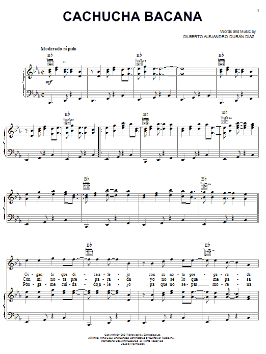Learn to play Gilberto Alejandro Duran Diaz Cachucha Bacana sheet music for Piano, Vocal & Guitar Chords (Right-Hand Melody) in minutes. Price: 7.8900$ Gilberto Alejandro Duran Diaz Cachucha Bacana sheet music notes and chords arranged for Piano, Vocal & Guitar Chords (Right-Hand Melody)