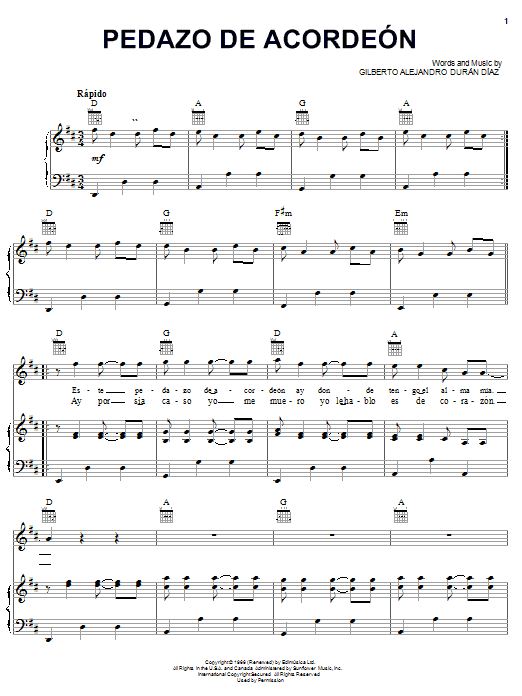 Learn to play Gilberto Alejandro Durán Díaz Pedazo De Acordeón sheet music for Piano, Vocal & Guitar Chords (Right-Hand Melody) in minutes. Price: 7.8900$ Gilberto Alejandro Durán Díaz Pedazo De Acordeón sheet music notes and chords arranged for Piano, Vocal & Guitar Chords (Right-Hand Melody)