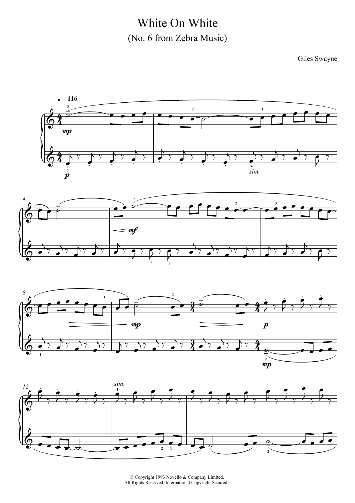 Learn to play Giles Swayne White On White (No. 6 from Zebra Music) sheet music for Piano Solo in minutes. Price: 7.8900$ Giles Swayne White On White (No. 6 from Zebra Music) sheet music notes and chords arranged for Piano Solo